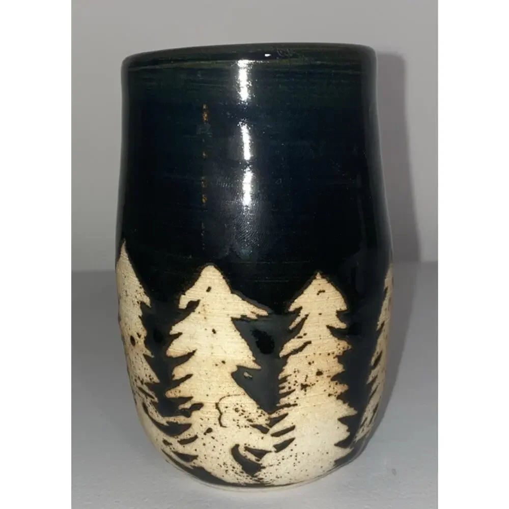 Studio Art Pottery Hand Thrown Glazed Vase/ Pen Holder Black With Trees